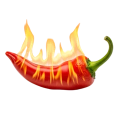 Plexiglas schilderij Hete pepers Fiery Chili Pepper with Flame on Black Background, Red Hot Vegetable, Spicy Food Concept  © Syamsuddin