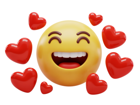 Joyful yellow emoji face with a wide open mouth and closed eyes surrounded by red hearts isolated on transparent background