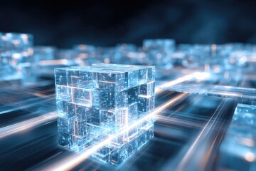 A glowing, translucent cube, surrounded by a network of interconnected cubes and light trails.  Abstract digital cityscape