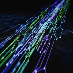 Abstract digital network visualization with glowing nodes and connecting lines on a dark background.