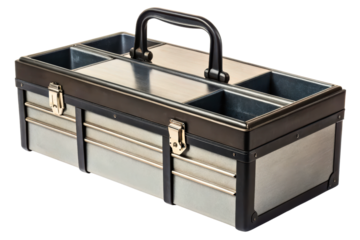 Metal and plastic tool caddy organizer with carrying handle isolated with transparent background