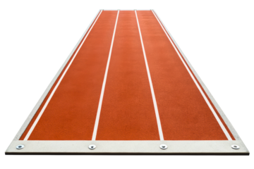 Red all-weather running track runway with three white lanes isolated with transparent background