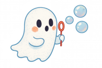 Cute cartoon ghost gently blowing iridescent soap bubbles, casting playful shadows with soft halloween-inspired spectral charm