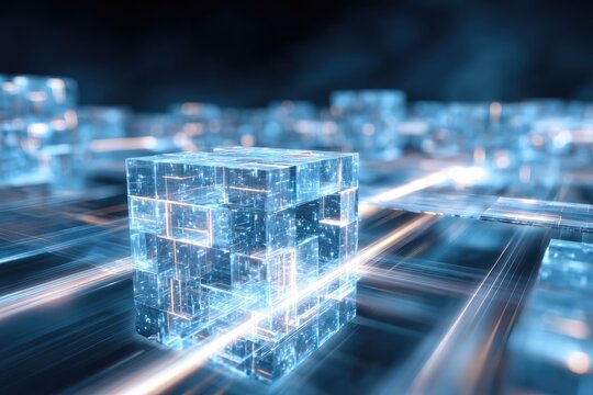 A glowing, translucent cube, surrounded by a network of interconnected cubes and light trails. Abstract digital cityscape