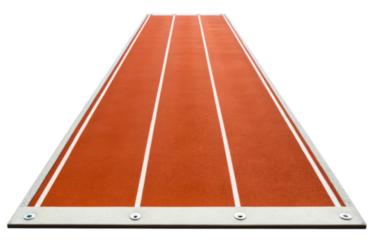 Red all-weather running track runway with three white lanes isolated with transparent background