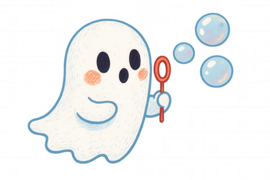 Cute cartoon ghost gently blowing iridescent soap bubbles, casting playful shadows with soft halloween-inspired spectral charm