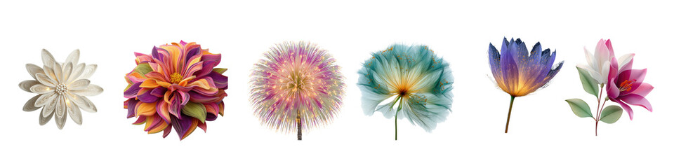 Obraz premium Elegant Display of Colorful Flowers in Various Shapes and Textures Perfect for Nature Theme, Floral Designs, Art Inspiration, and Creative Projects