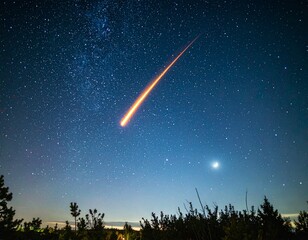 Meteor Streaking Across Starry Night Sky Above Silhouetted Landscape

