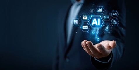 Businessperson's hand hovering over a digital AI interface, showcasing various data icons