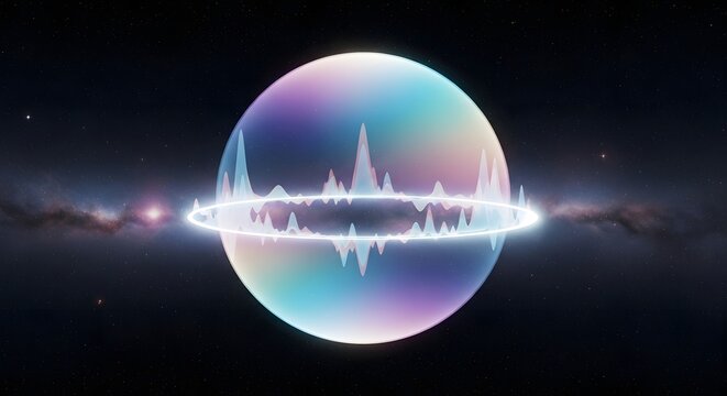 Luminous holographic cosmic sphere with pastel neon glow and futuristic soundwave ring pulsating around it, surreal galaxy-inspired illustration symbolizing energy resonance, cosmic vibration 