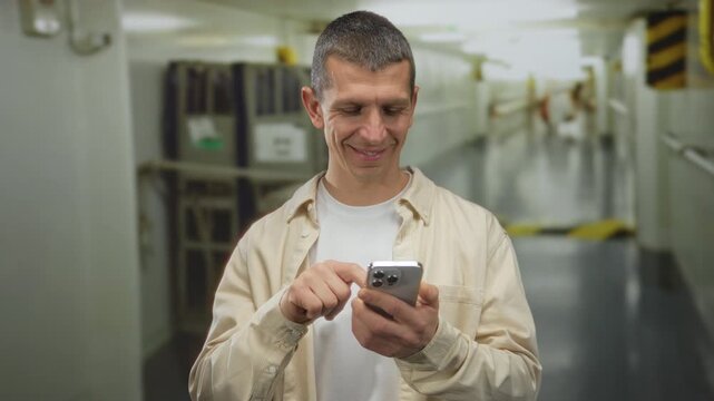 Caucasian man using smartphone onboard a cruise ship indoors, showcasing relaxed connectivity at sea with a smile in a hallway.