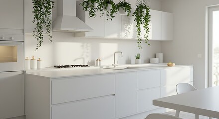 Modern Minimalist White Kitchen Design with Hanging Plants