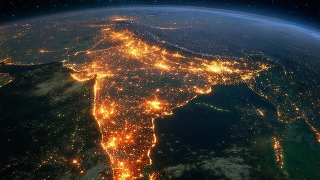 A night view of India from space, showcasing city lights against the dark background