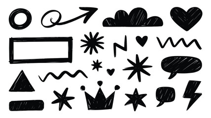 Vector art of set of hand drawn shapes, including arrows, clouds, hearts, stars, crowns, and lightning bolts for graphic design