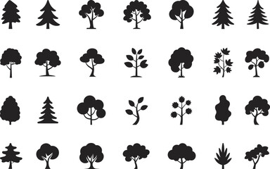 Black tree silhouette icon set, diverse forest species shapes, coniferous and deciduous vector trees, abstract foliage design, ecological nature illustration pack