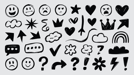 Vector art of collection of hand drawn doodles, including faces, emojis, stars, hearts, crowns, and arrows for graphic design