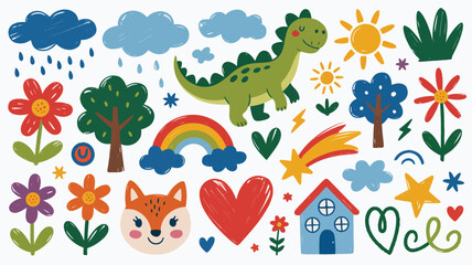 Vector art of colorful set of cute cartoon elements, including dinosaur, rainbow, flowers, trees, clouds, sun, heart and house