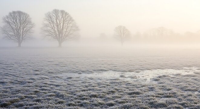 Misty Winter Morning Frosty Field with Bare Trees
