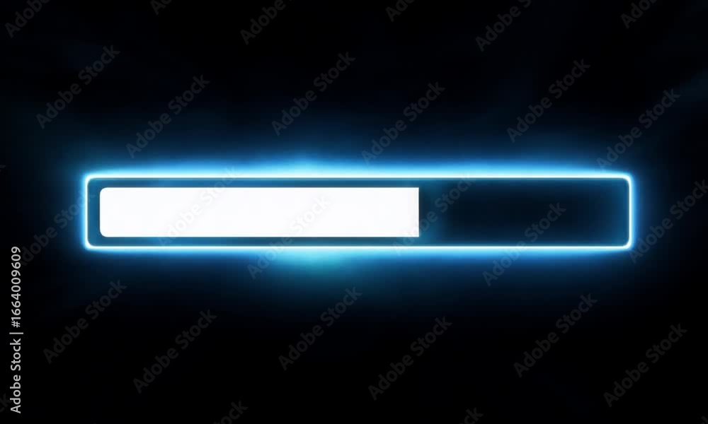 Poster a loading bar with a blue neon outline and a white fill on a black background with a soft glow