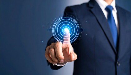 Businessman Hand Touching Digital Target Reticle Concentric Rings UI On Navy Gradient Background