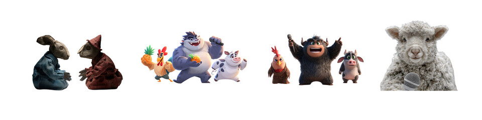 Colorful Animated Characters with Unique Designs Expressing Joy, Friendship, and Playfulness in a Whimsical Scene with Various Animal Representations