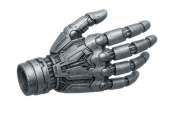 Robotic metal hand extending, showcasing advanced technology and futuristic design on a transparent background
