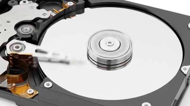 Hard drive inner view Internal components exposed; platter, read/write head visible