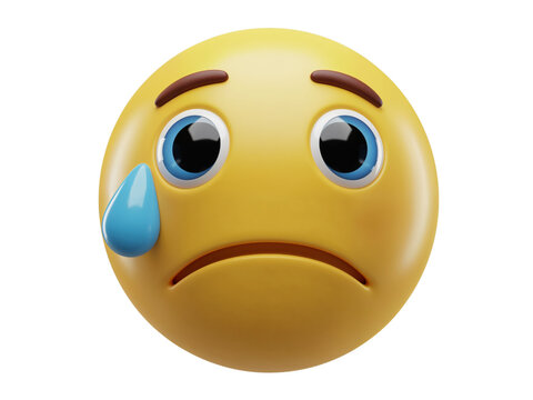 A sad yellow emoji face with big blue eyes and a single tear rolling down its cheek isolated on transparent background