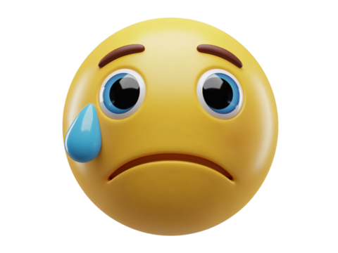 A sad yellow emoji face with big blue eyes and a single tear rolling down its cheek isolated on transparent background