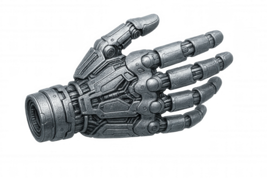 Robotic metal hand extending, showcasing advanced technology and futuristic design on a transparent background