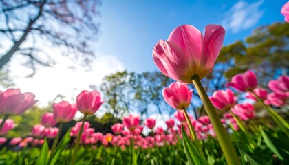 A vibrant field of pink tulips reaching towards a bright, sunny sky.