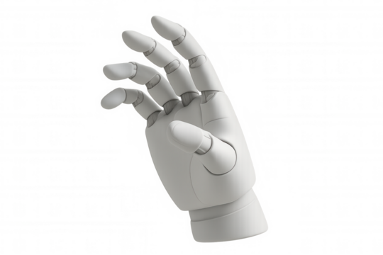 Robotic hand reaching forward, fingers gently curved, symbolizing technological advancement against translucent backdrop