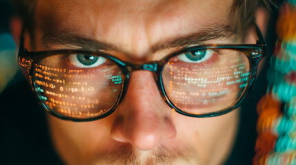 Programmer working with source code reflecting in glasses