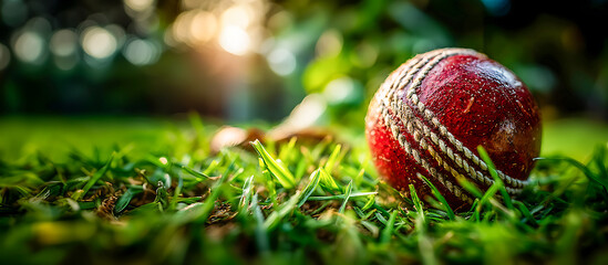 Red cricket ball lying on grass field at sunset