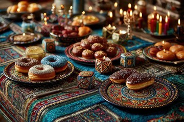 Traditional Hanukkah table with menorah, dreidels, and sufganiyot glowing under warm festive light in a detailed cultural scene.