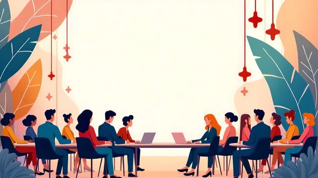 Design a refined diversity conference illustration that integrates sophisticated event graphics with modern digital art techniques to showcase multicultural corporate gatherings and professional engag