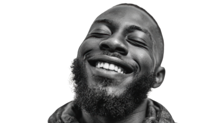 Happy man with a beard smiling joyfully against a white isolated background.