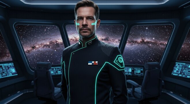 Space officer in futuristic command center