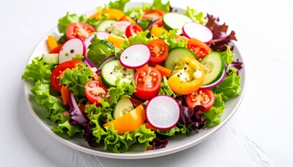Vibrant garden salad with sliced radishes, tomatoes, cucumbers, and red onions