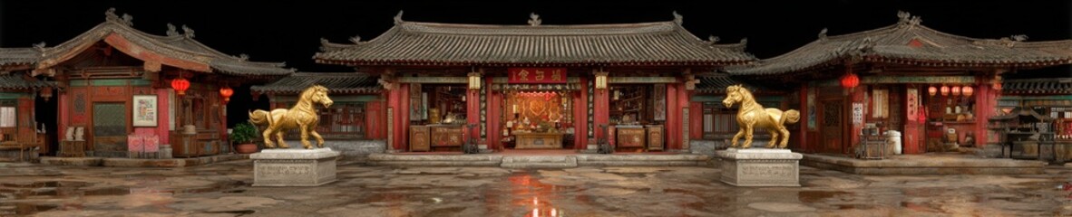 Fototapeta premium Glowing red lanterns and golden horse statues illuminate a festive street at night, captured in realistic cultural detail and photorealistic style.