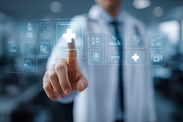 Doctor interacts with a futuristic medical interface.  A doctor in a white coat touches a glowing plus sign on a holographic medical display showing various health icons