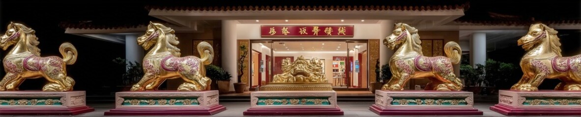 Fototapeta premium Glowing red lanterns and golden horse statues illuminate a festive street at night, captured in realistic cultural detail and photorealistic style.