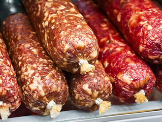 Delicious assortment of cured sausages displayed at a bustling market during the vibrant afternoon...