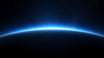 Fototapeta premium The futuristic cosmic scene features a glowing blue horizon of a planet, a radiant light emerging over its curved edge, creating a sunrise effect.
