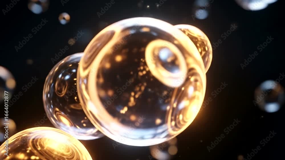 Poster a dynamic display of translucent spheres, illuminated with warm light, against a dark background.