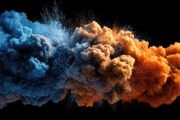 Exploding clouds of vibrant blue and orange dye, against a black background.  Particles and spray create a dynamic, abstract scene