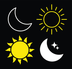 Sun and moon icons set. Time of the day signs. Day and night weather forecast symbol silhouette icons. Crescent moon and star.