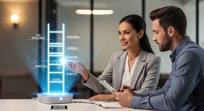 Business professionals analyze a futuristic holographic career ladder projection in a modern office meeting.