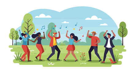 This dynamic flat design illustration shows a diverse group of joyful festival attendees dancing enthusiastically in an open field, surrounded by abstract musical elements.