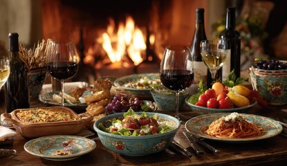 Festive dining table with dishes of food and drinks, set in front of a fireplace